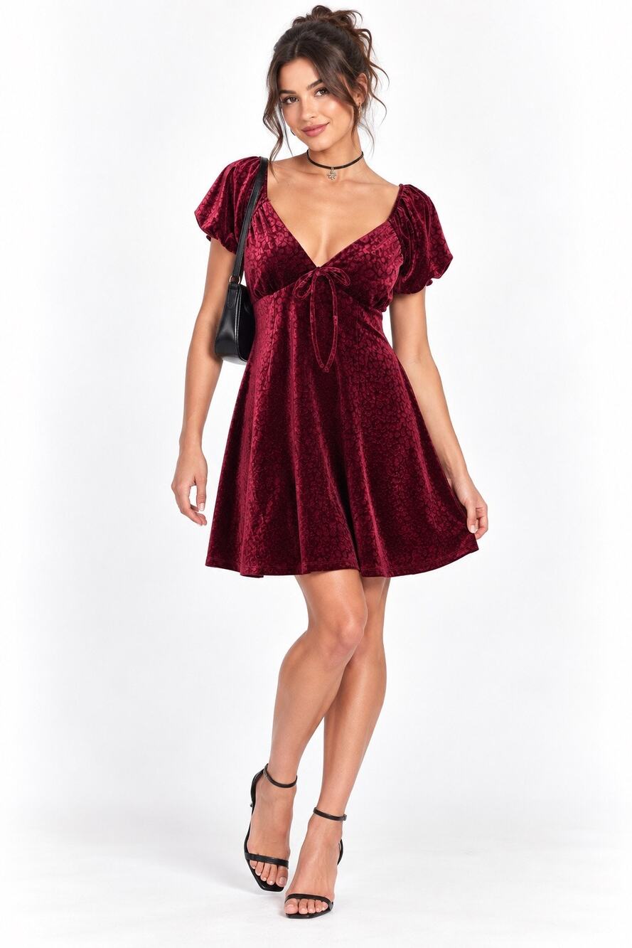 Retro Y2K-Inspired Rewind Burgundy Velvet Deep V-Neck Stretch A-Line Mini Dress